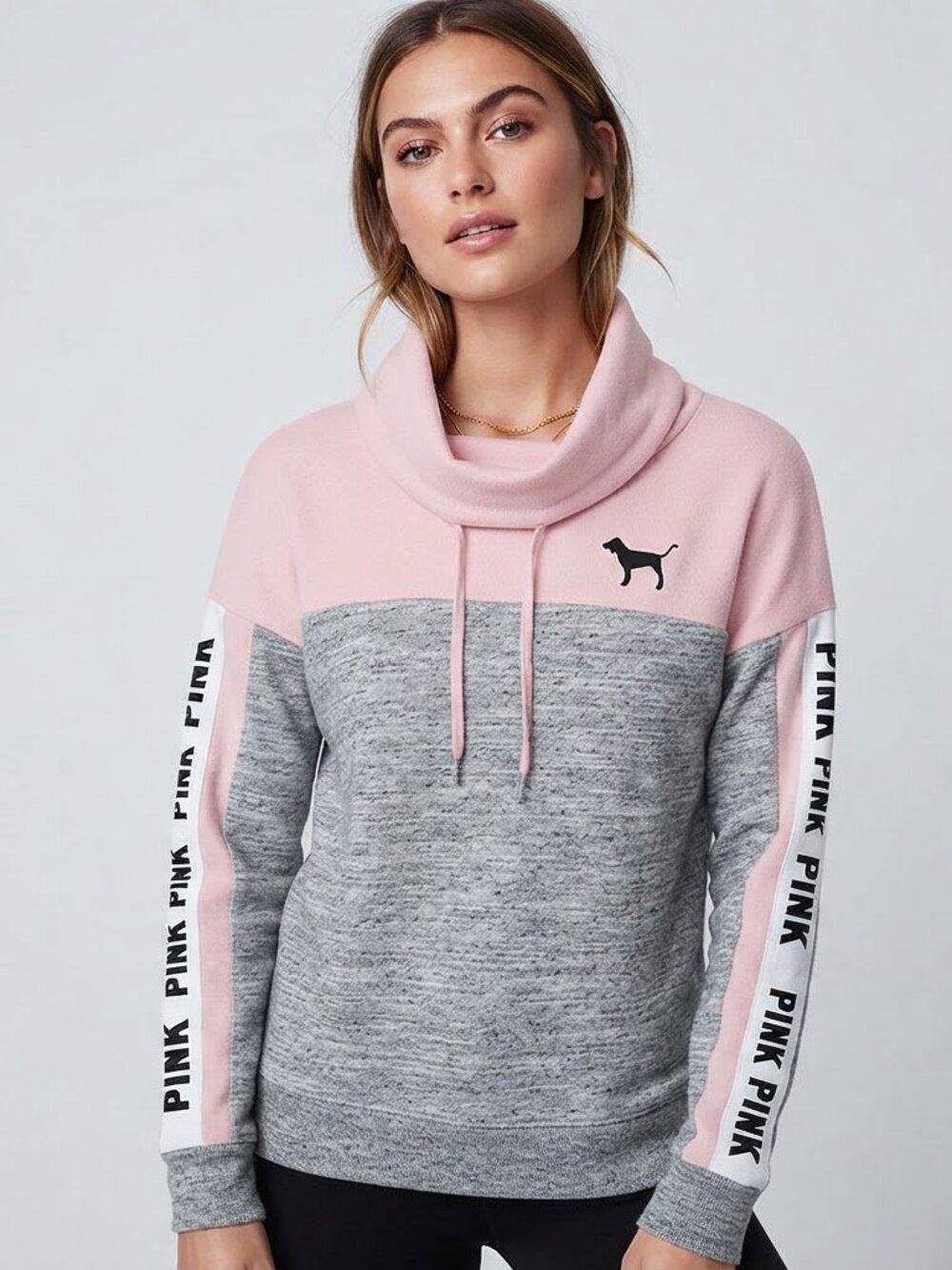 PINK Victoria's Secret Pink and Gray Colorblock Funnel Neck Sweatshirt